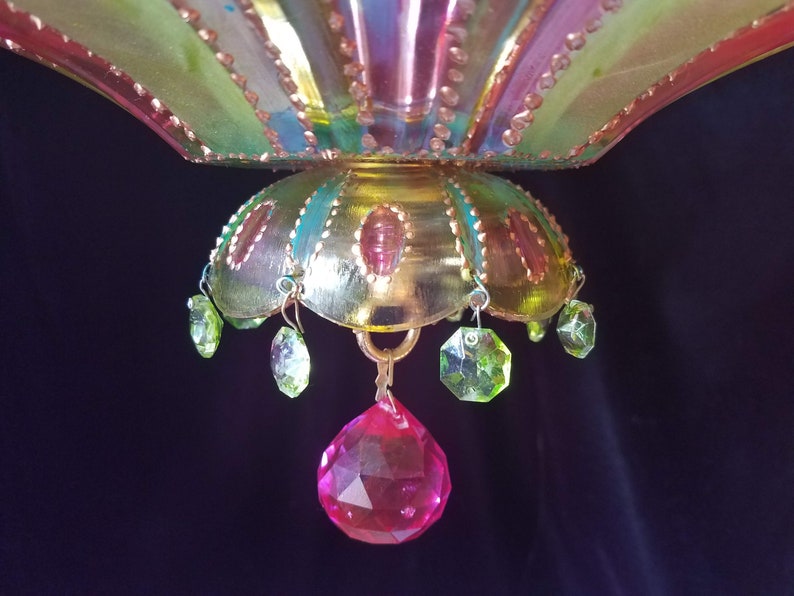 Bohemian Lighting, Semi-Flush Mount, Hand Stained Pressed Glass and Brass, 13w. x 11h. zdjęcie 3