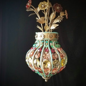 Crystal Chandelier Lighting, Hand Colored Leaded Crystal Prisms and Flowers, 27"h. x 12"w.