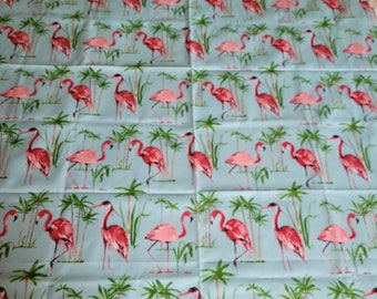 Cotton Flamingo Print Fabric, Home Decor, Hot Pink on Ocean Blue, 55" x 73"