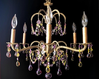 Ornate Brass Chandelier with Colored Crystal Prisms, Antique, 22”h. X 21”w.