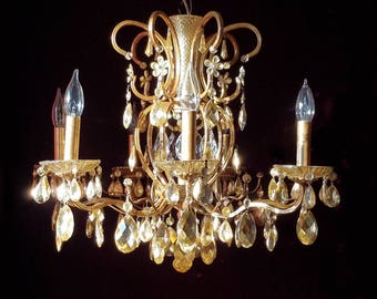 Chandelier Lighting, Golden Gilt Brass and Crystal, 20"h. x 25"w., Layaway Available