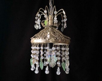 Vintage Fairy Rock Quartz Beaded Mini Chandelier, 8”w. X 10”h.