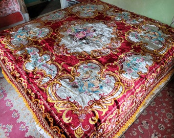 LARGE Italian Velvet Bedspread, Theorem Painted, MINT Condition, Large at 102"w. x 86"l.