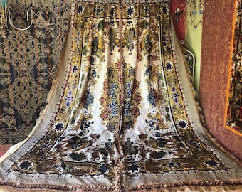 Reversible Vintage Damask Curtain Pair, Silk Blend, Raja Theme, 40x97 India
