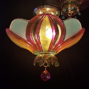 Bohemian Lighting, Semi-Flush Mount, Hand Stained Pressed Glass and Brass, 13w. x 11h. zdjęcie 7