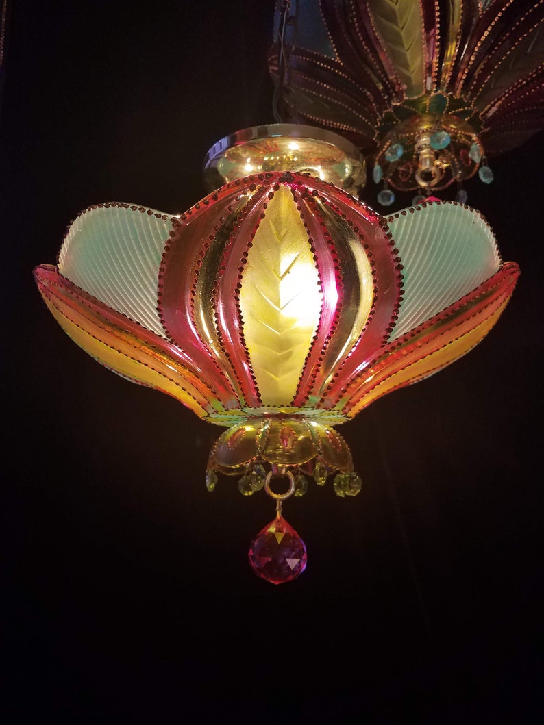 Bohemian Lighting, Semi-Flush Mount, Hand Stained Pressed Glass and Brass, 13w. x 11h. zdjęcie 7