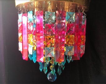 Sunset Chandelier, Gold Gilt and Crystal Flush Mount, Pendant Option, 9"w. x 11"h.