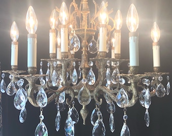 Ornate Spanish Brass Chandelier, Diamond Cut Leaded Crystal Prisms, 12 Lights (26"w x 23"h)