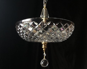 Vintage Art Deco Cut Crystal Ceiling Light, Semi Flush Mount, 15”h. X 12”w.