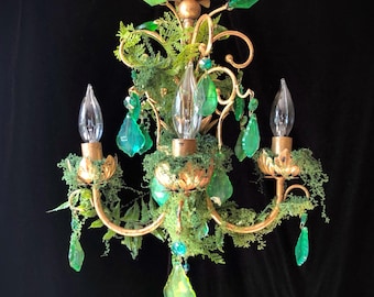 Enchanted Forest Petite Chandelier, Vintage Gold Gilt and Crystal with Ethereal Moss and Ferns, 18” h. X 13”w.