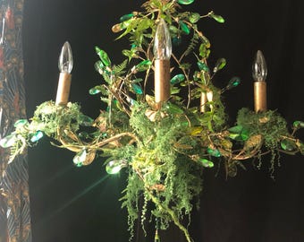 Enchanted Forest Chandelier, Vintage Gold Gilt with Colored Glass, Ferns and Moss, 24”h. X 30”w.