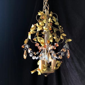 Vintage Fairy chandelier, Nature Inspired With All Vintage Parts, Millinery Leaves, Crystal Beads and Prisms, 8&quot;w. 12&quot;h.
