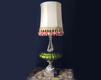 Vintage Green Art Glass Lamp, Ornate Brass Base, 43" Tall