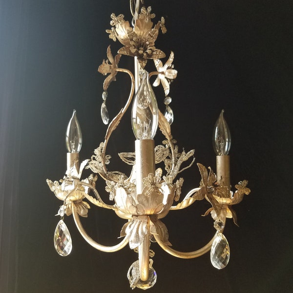 Chandelier Lighting, Silver with Crystal Prisms and Vintage Millinery Beaded Stems, 18"h. x 15"w.