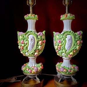 Vintage Italian Capodimonte Lamp Pair, Very Large, Hand Painted  Porcelain, 38&quot;h. x 9&quot;w.