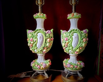 Vintage Italian Capodimonte Lamp Pair, Very Large, Hand Painted  Porcelain, 38"h. x 9"w.