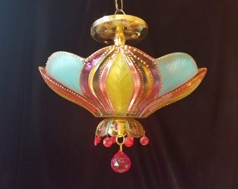 Bohemian Lighting, Semi-Flush Mount, Hand Stained Pressed Glass and Brass, 13"w. x 11"h.