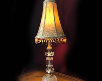 Vintage Cut Crystal Table Lamp: Beaded Damask Shade, Brass Accents