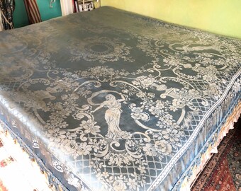 Reversible Italian Silk Damasco San Leucio Bedspread, Robins Egg Blue, Large at 92”l. X 106”w., Discounted