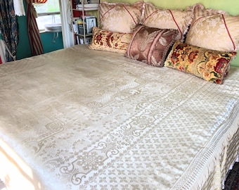 Vintage Italian Bedspread, Ivory Silk Blend Damask, Mint Condition, 92”l. X 86”w.