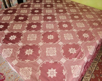Italian Damask Bedspread, Dusty Rose and Ivory Reversible Silk and Cotton Blend, 84"w. x 94"l.