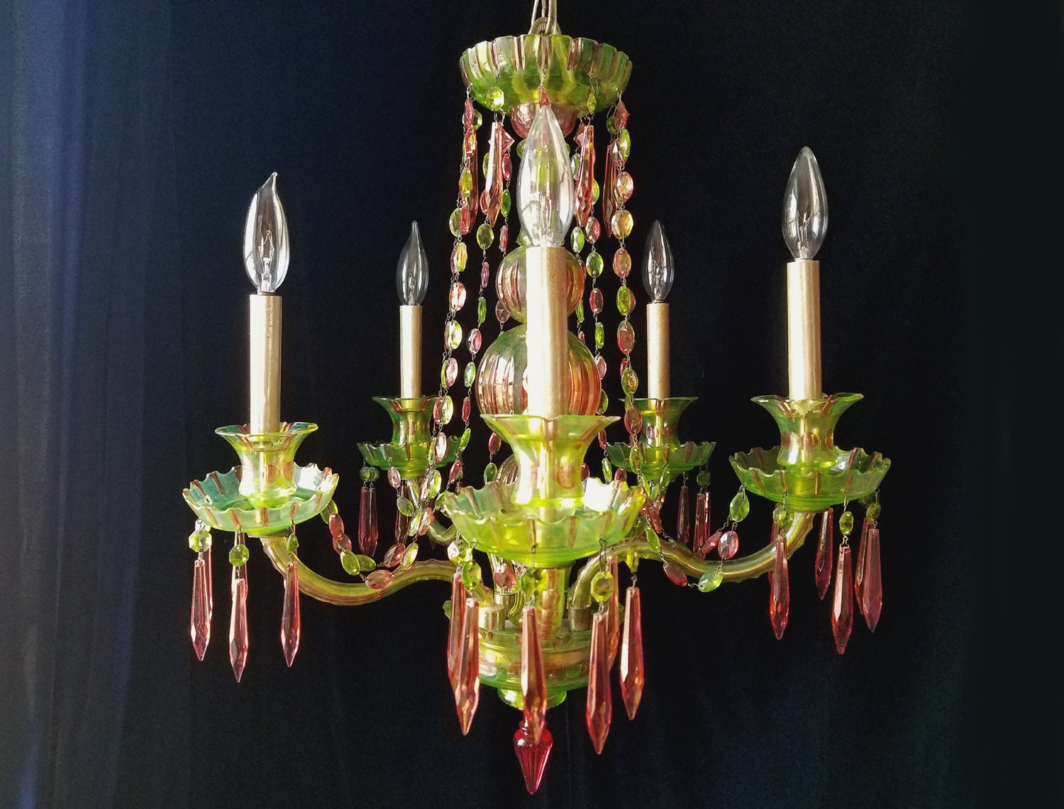 Crystal Chandelier Lighting Bohemian Pink and Green One of a