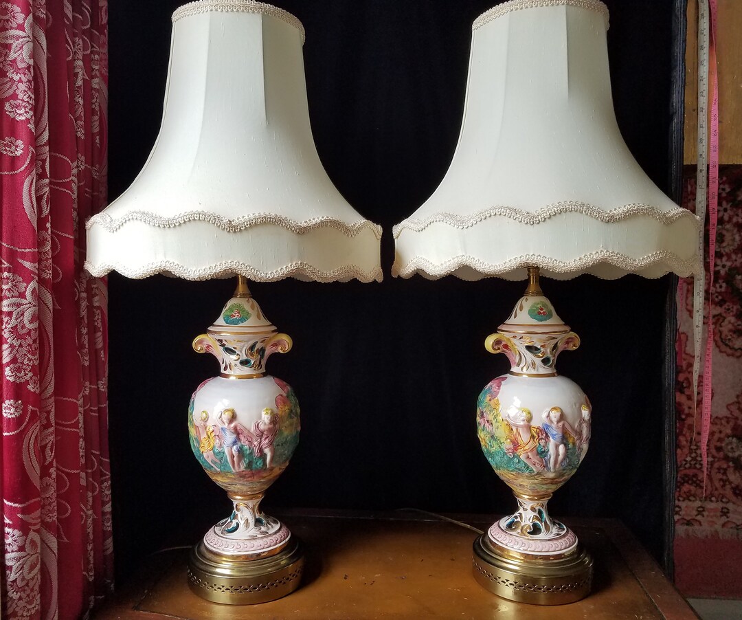 Capodimonte Lamp Pair With Original Shades, Hand Painted and Enameled