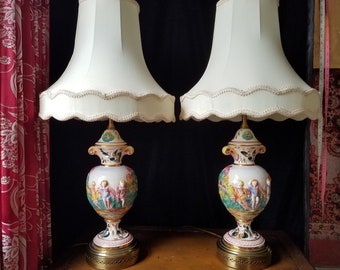 Capodimonte Lamp Pair With Original Shades, Hand Painted and Enameled, Excellent Condition