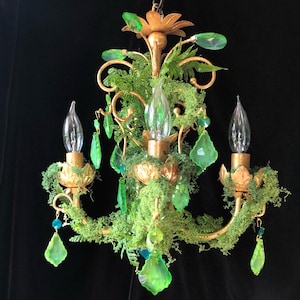 Discounted Enchanted Forest Petite Chandelier, Vintage Gold Gilt and Crystal with Ethereal Moss and Ferns, 18” h. X 13”w.
