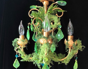 Discounted Enchanted Forest Petite Chandelier, Vintage Gold Gilt and Crystal with Ethereal Moss and Ferns, 18” h. X 13”w.