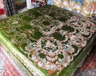 Reversible Vintage Italian Silk Bedspread, Rare, Rich Green, 91"w. x 109"l.