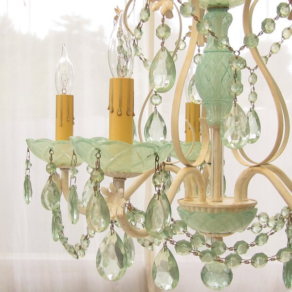 Vintage Chandelier, Aqua Crystal and Cut Glass, Swag or Hard Wired, Layaway Available