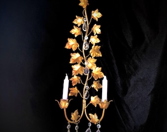 Vintage Wall Sconce, Gold Gilt Ivy Motif, Two Candle, 21”h. X 9”w.