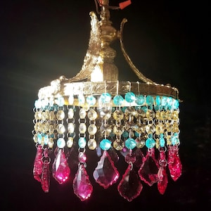 Colored Crystal Chandelier Lighting, One of a Kind, Antique Brass and Leaded Crystal, 17"h. x 11"w.