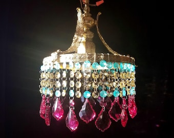 Colored Crystal Chandelier Lighting, One of a Kind, Antique Brass and Leaded Crystal, 17"h. x 11"w.