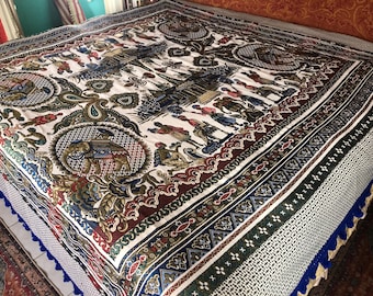 Reversible Vintage Damask Bedspread, Silk Blend with Tassel Trim, 100”X 98”w., Mint Condition, India