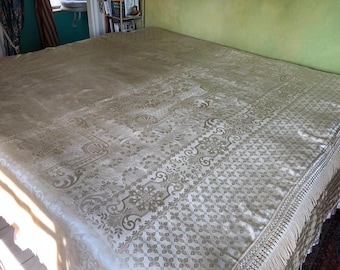 Vintage Italian Bedspread, Ivory Silk Blend Damask, Mint Condition, 92”l. X 86”w.
