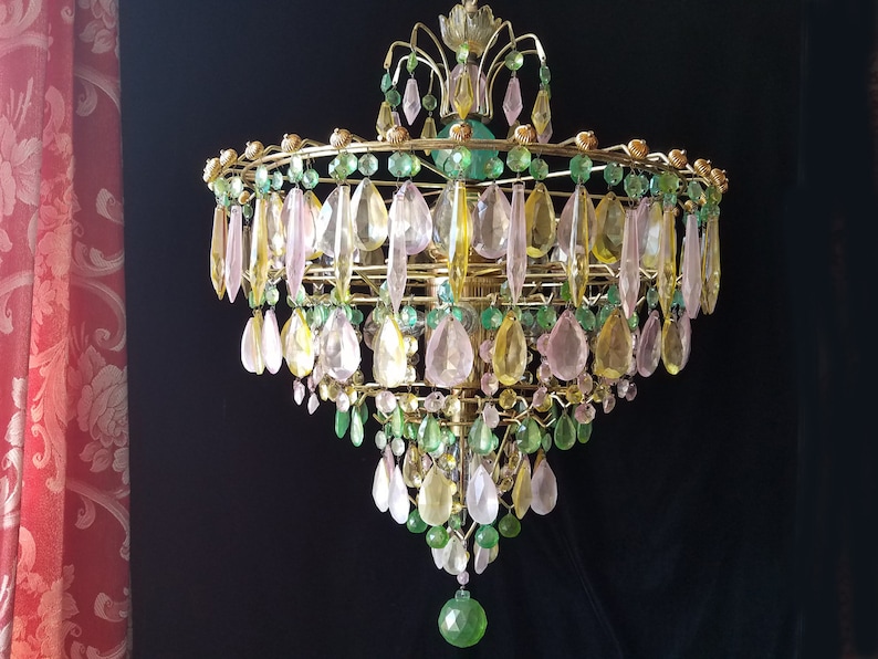 Crystal Chandelier Lighting, Colored Opalescent Wedding Cake, 26h. x 19.5 w., One of a Kind, Layaway Available image 1