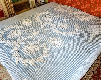 Cotton Chenille Bedspread, Twin Sized Blue and White, 90"w. x 98"l.