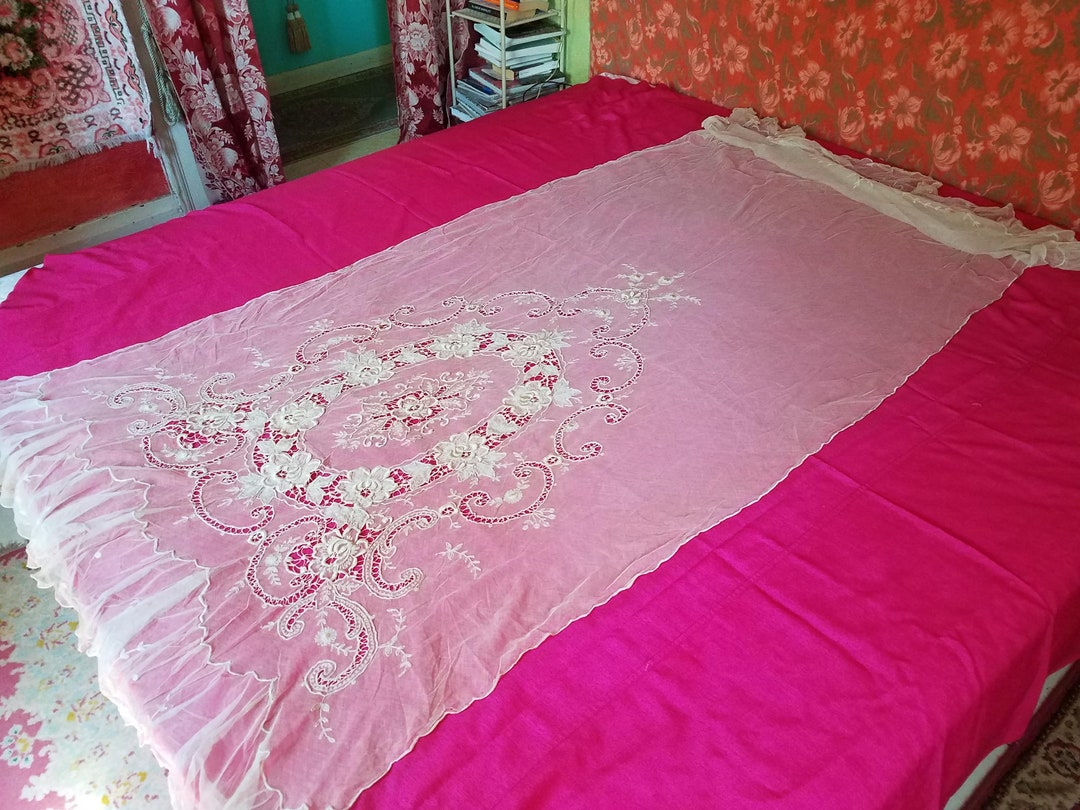 French Tambour Lace Crib Cover/curtain Panel, Antique Net Lace, 41w. X