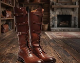Handgjorda bruna läderridstövlar för män, vintage, höga ridstövlar, snörning, medeltida renässansstövlar, gåva, gratis strumpor, par