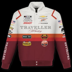 May include: White, red, and burgundy racing jacket with multiple sponsor logos, including "NASCAR CUP SERIES" and "TRAVELLER Whiskey." The jacket features a button-up front, a collar, and the word "TRAVELLER" printed on the sleeves.