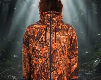 Ropa de caza con capucha estilo camuflaje Realtree, con estampado de sublimación naranja y marrón, para hombre, resistente al agua, set de regalo para ropa de caza.