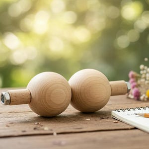 Può includere: Due oggetti in legno a forma di manubrio con finitura in legno naturale. Ogni manubrio ha un peso sferico e un'impugnatura cilindrica con un dado metallico all'estremità. Gli oggetti sono su una superficie di legno con un blocco note e una matita.