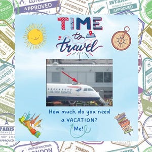 Puede incluir: Gráfico con temática de viajes con un sol amarillo, una brújula y un letrero. El texto "TIME to travel" está encima de una imagen de un avión de British Airways. También se incluye el texto "How much do you need a VACATION? Me!"
