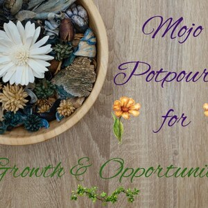Può includere: Una ciotola di legno piena di pot-pourri, con un grande fiore bianco e vari elementi botanici secchi. L'immagine include il testo "Mojo Potpourri for Growth & Opportunity."