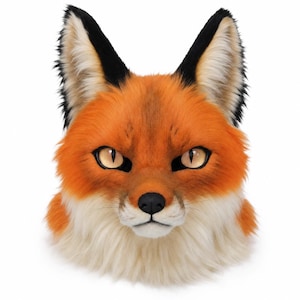 May include: A fox head mask featuring vibrant orange fur on the upper face and ears, with contrasting white fur on the lower face and chest. The mask has pointed ears with black tips, amber-colored eyes with vertical pupils, and a black nose.