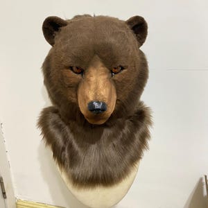 Könnte beinhalten: Eine braune Bärenkopfmaske mit realistischer Fellstruktur. Die Maske hat detaillierte Gesichtszüge, darunter eine holzfarbene Schnauze, dunkle Augen und eine schwarze Nase. Die Maske ist auf einem cremefarbenen Sockel montiert und erzeugt eine auffällige Darstellung.