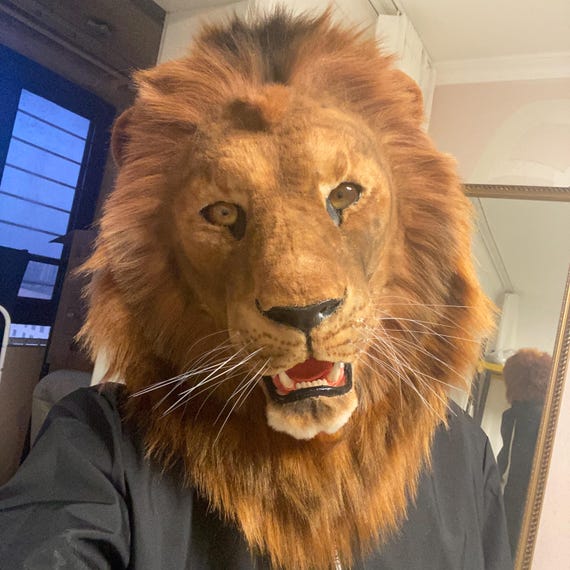 Realistic African Lion Head Mask, Movable Jaw Beast Mask for