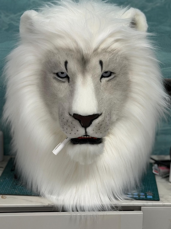 Blinking & Light-Up Eyes, Realistic Lion Fursuit Head, Movable Jaw — Halloween Beast Mask, Handmade Cosplay Costume.